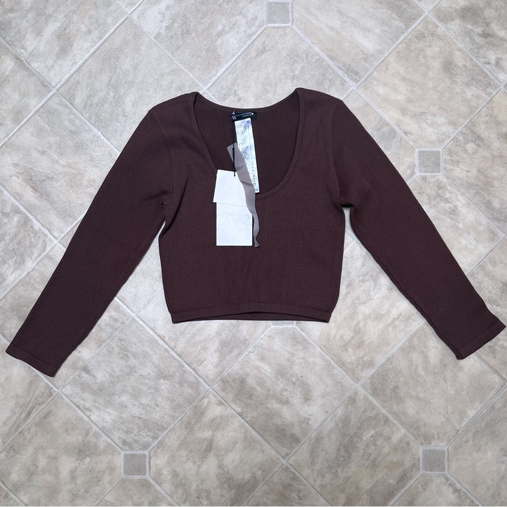 🆕 Zara Women’s Limitless Contour Stretch Knit Brown Crop Long Sleeve Top